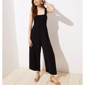 LOFT navy smocked wide-leg rayon jumpsuit